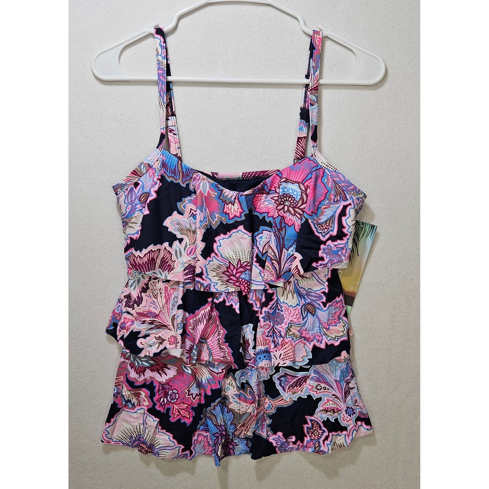 Beach House Women's Floral Tankini Swim Top Sz 8, Padded, Black/Pink/Blue, EUC